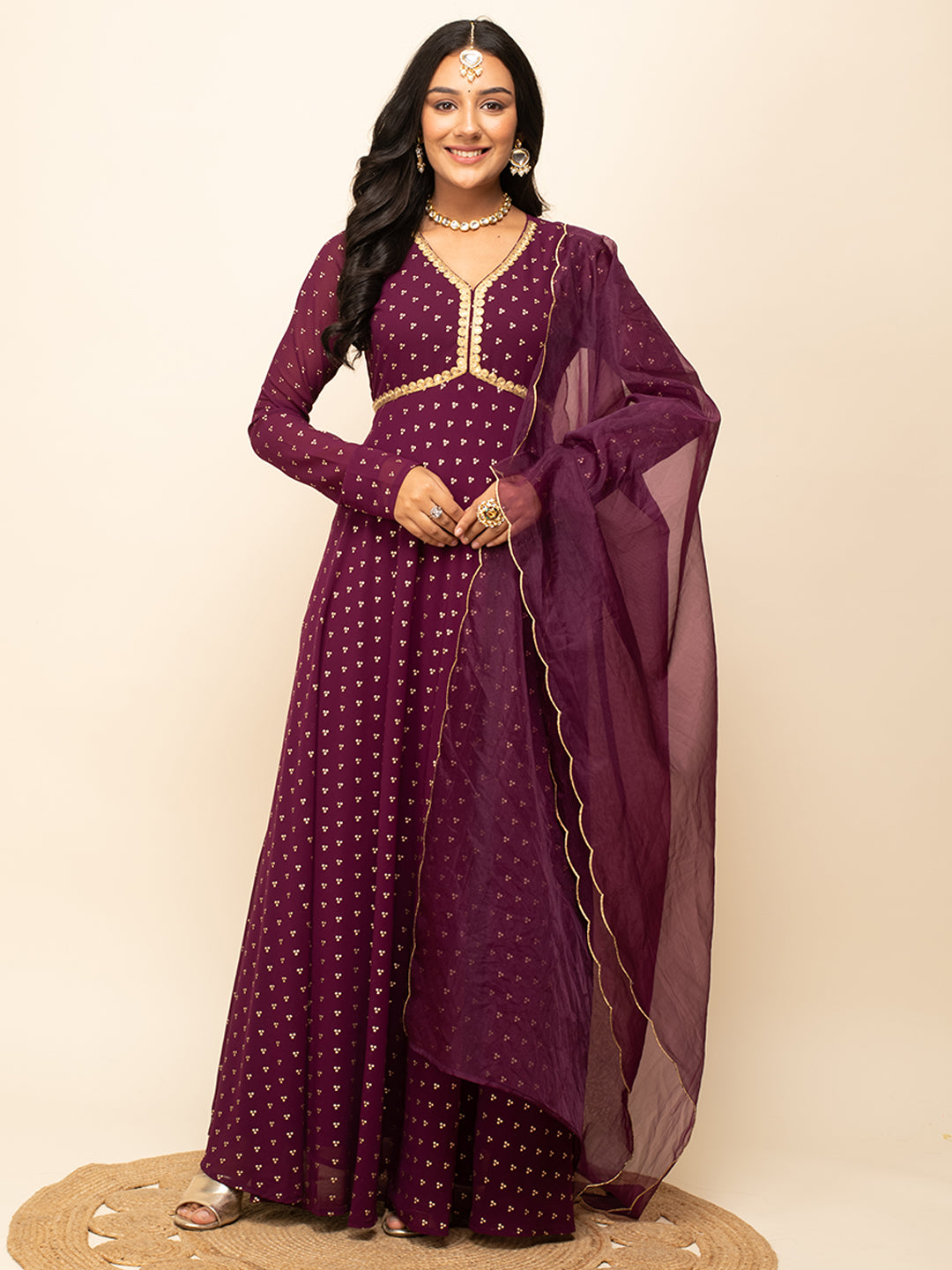 FIORRA Women's Wine Georgette Printed Gown With Dupatta